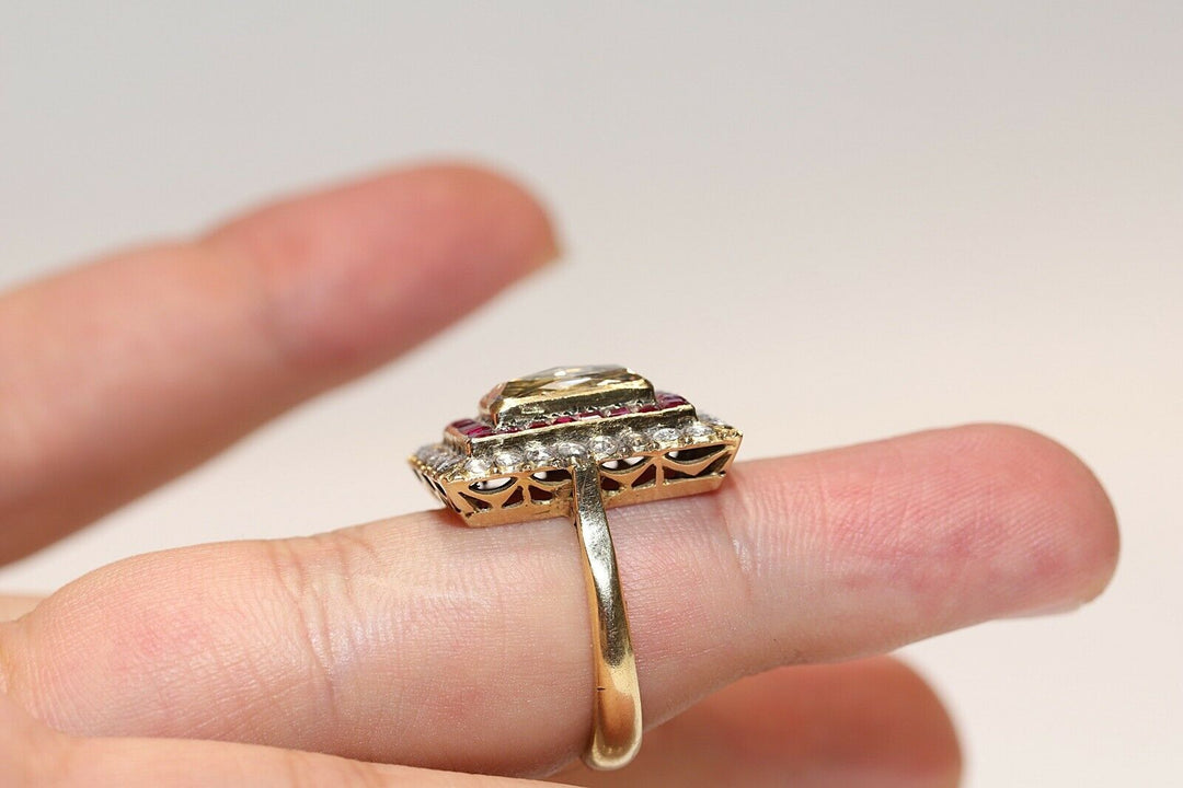 ヴィンテージ 14K ナチュラルローズカットダイヤモンドとカリバールビーのリング