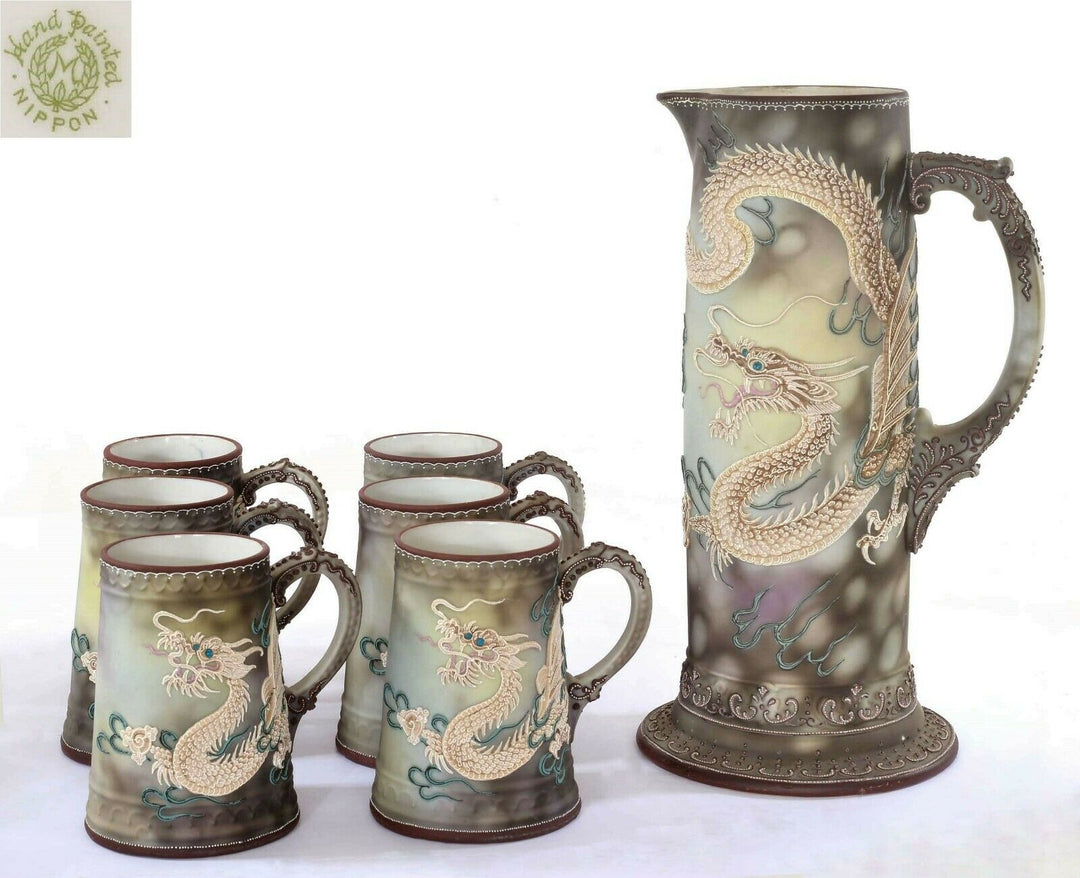 7 Japanese Nippon Moriage Dragon Ware Jewel Eye Tankard Stein Pitcher Mug Cup