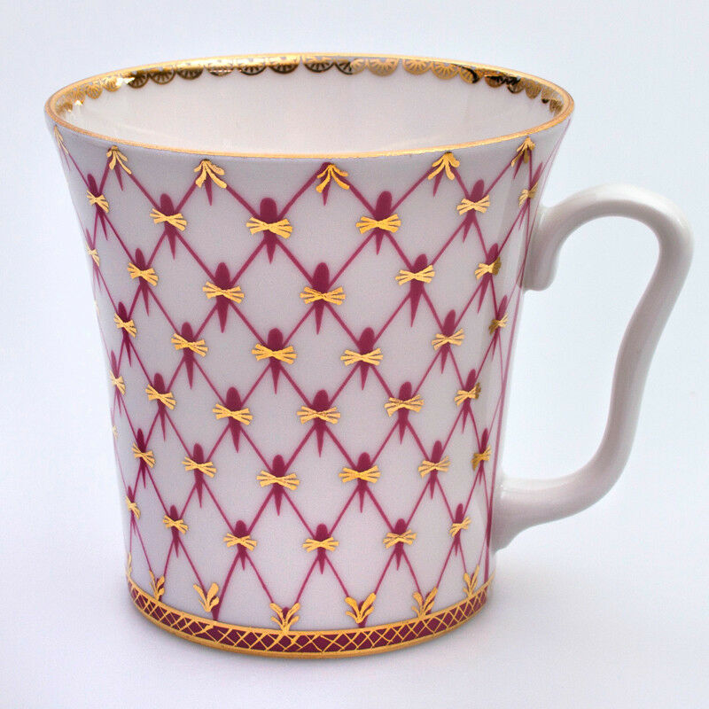 Net Blues Pink Mug & Saucer Lomonosov Russian Imperial Porcelain Teacup 12 fl oz