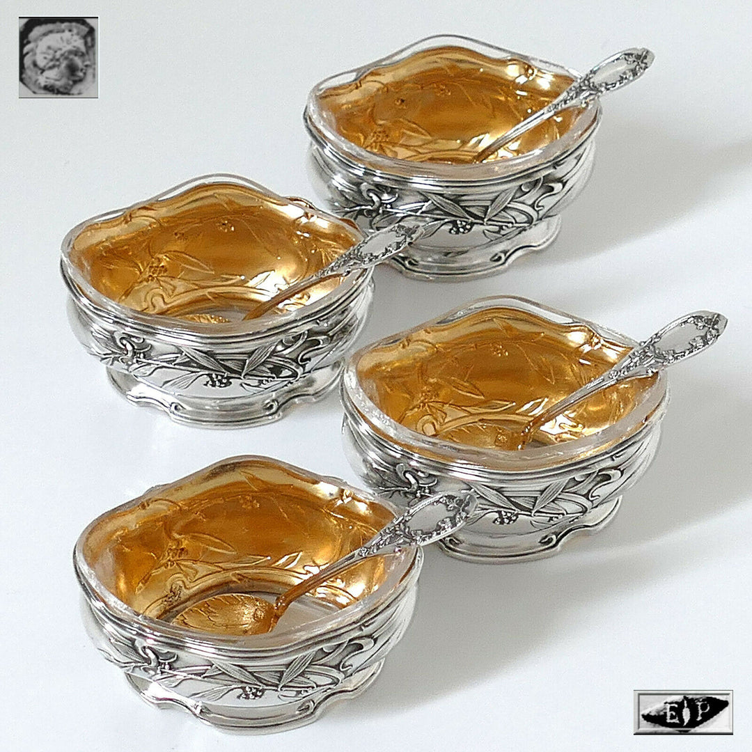 Puiforcat French Sterling Silver 18k Gold Set 8 Salt Cellars, Boxes, Mistletoe