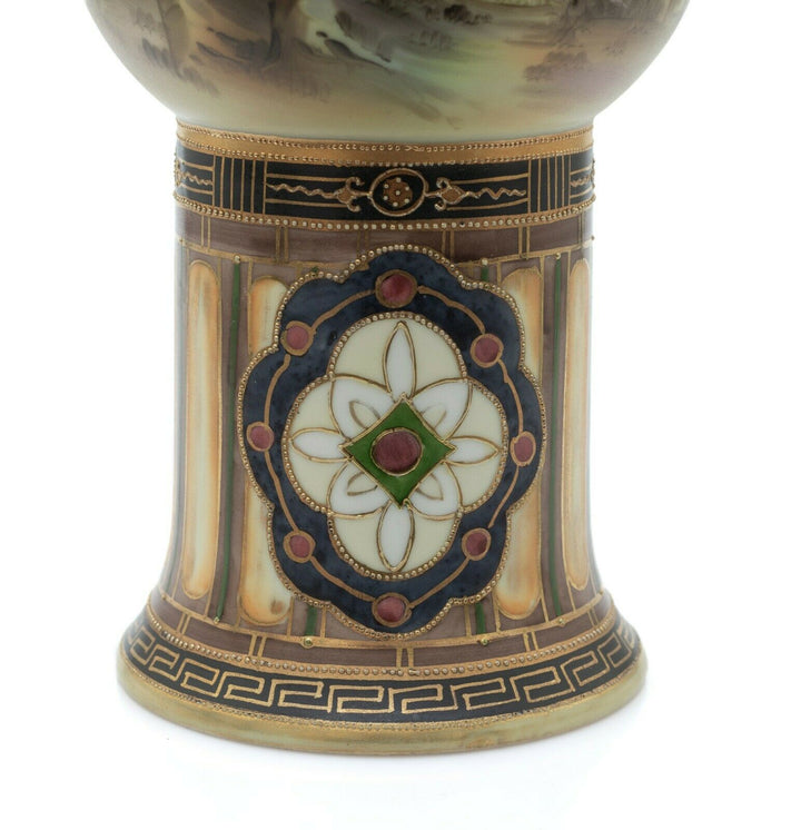 Antique Noritake Porcelain Pedestal Vase with Landscape Scene, Art Deco Period