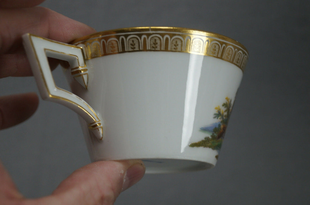 KPM Berlin Hand Painted People & Ruins Scene & Gold Tea Cup & Saucer C 1780-1800