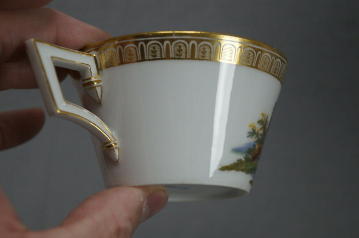 KPM Berlin Hand Painted People & Ruins Scene & Gold Tea Cup & Saucer C 1780-1800