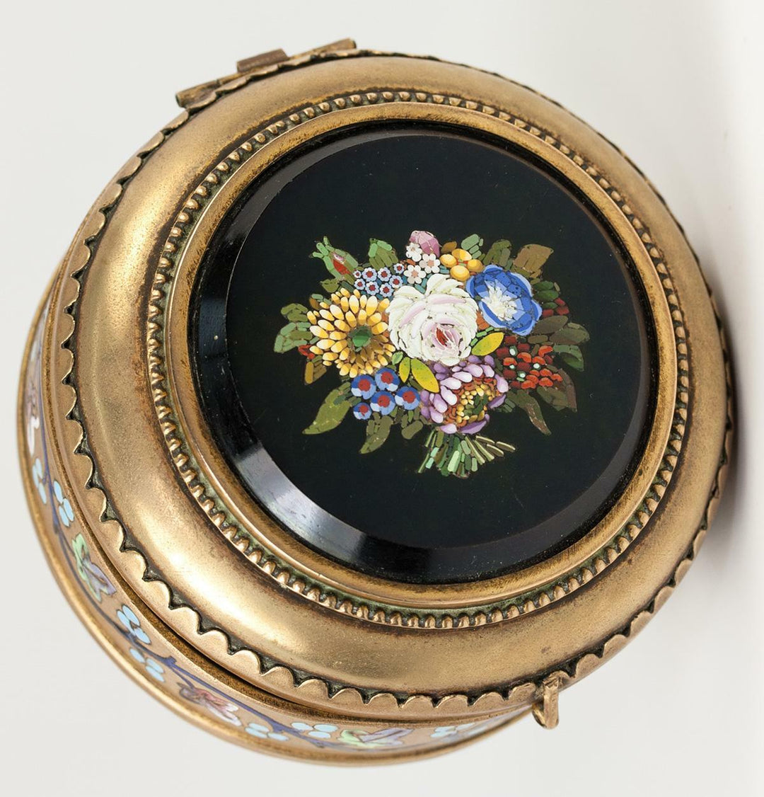 Antique Italian Micromosaic Powder Box, Enamel, Grand Tour c. 1840-60s Plaque