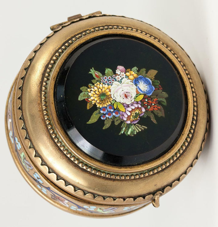 Antique Italian Micromosaic Powder Box, Enamel, Grand Tour c. 1840-60s Plaque