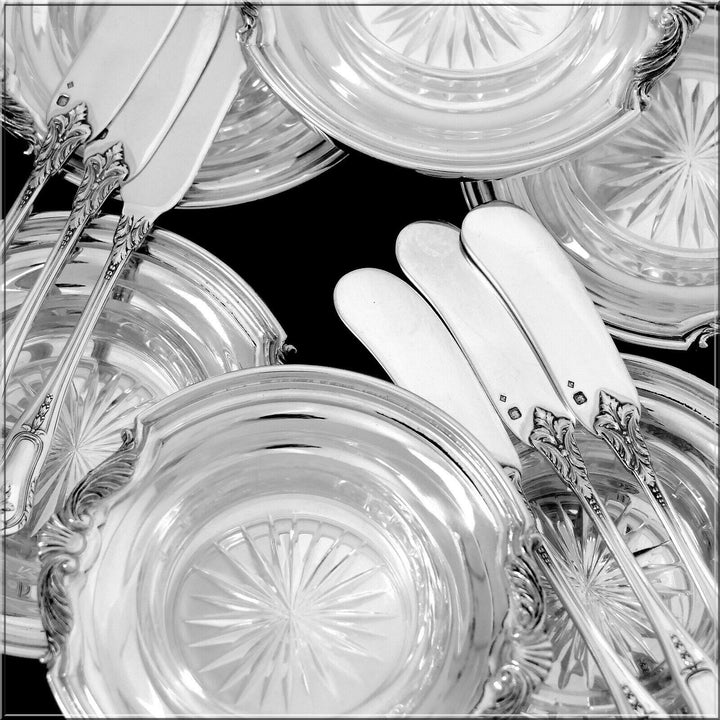 Tetard Rare French Sterling Silver Crystal Caviar Cups with Spreaders 12 Pc