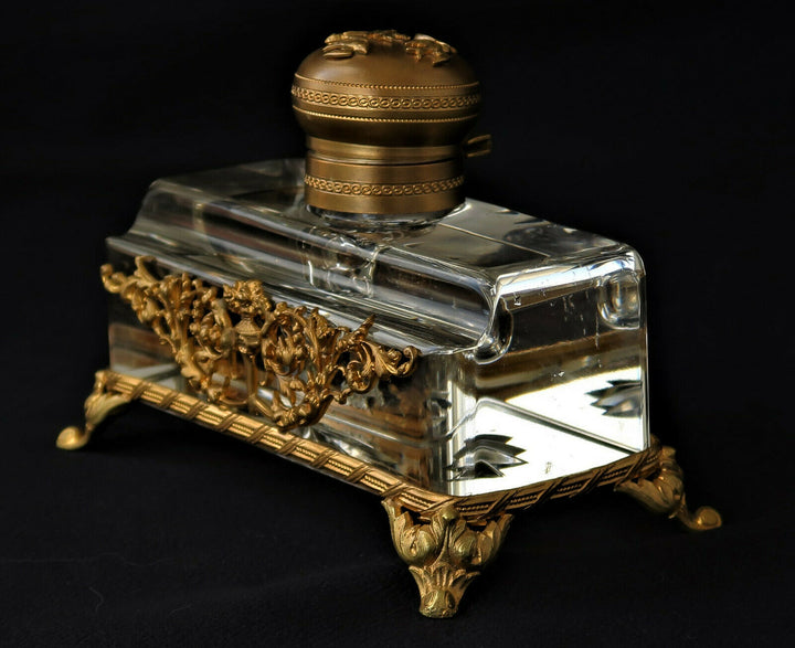 Encrier EMPIRE Bronze Doré Cristal Baccarat Hirondelles Vase Fleuri XIXème