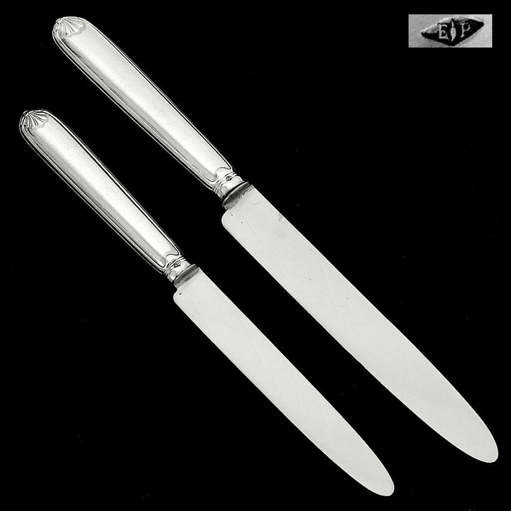 Puiforcat French Sterling Silver Dinner Dessert Knife Set 24 Pc, box, Shell
