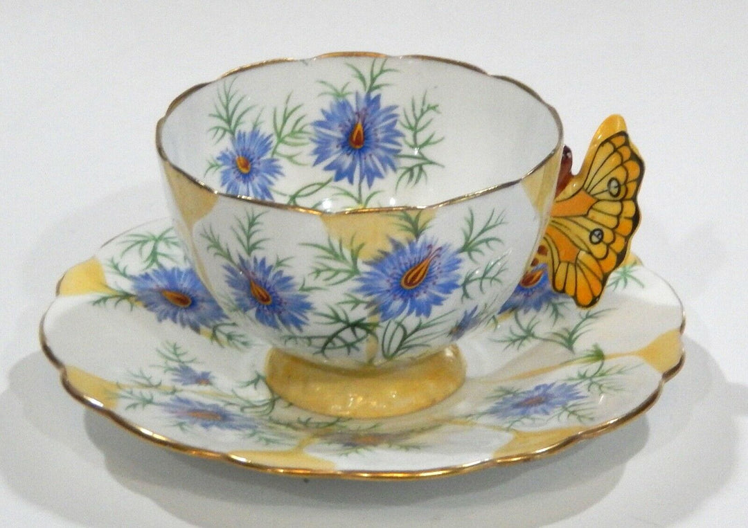 Rare 1930s Aynsley BUTTERFLY HANDLE CORNFLOWER CUP & SAUCER Hand painted Details