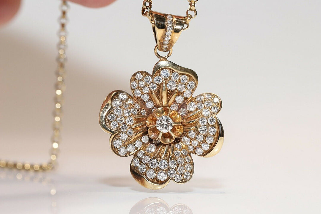 ビンテージ オリジナル 18K ゴールド 天然ダイヤモンド 装飾フラワーネックレス