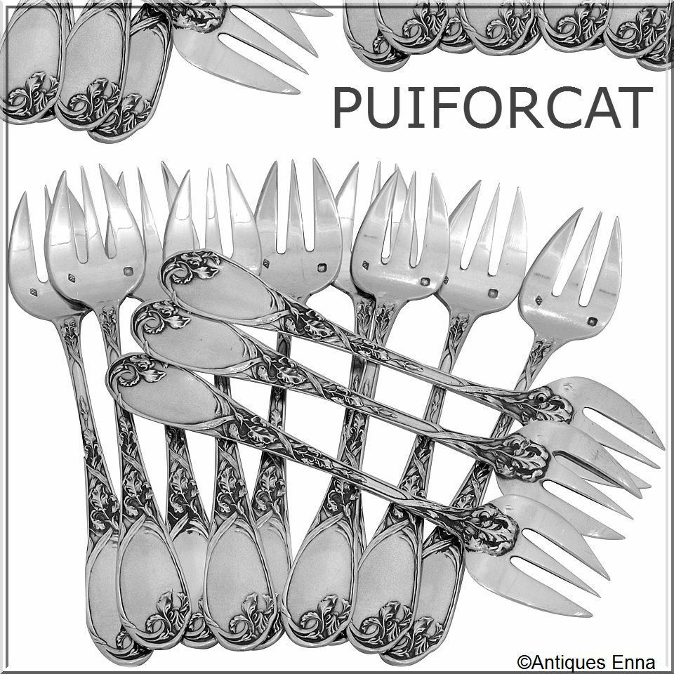 Puiforcat Fabulous French All Sterling Silver Oyster Forks 12 pc Iris Pattern