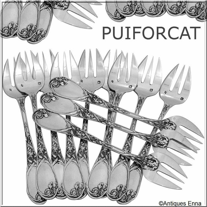 Puiforcat Fabulous French All Sterling Silver Oyster Forks 12 pc Iris Pattern