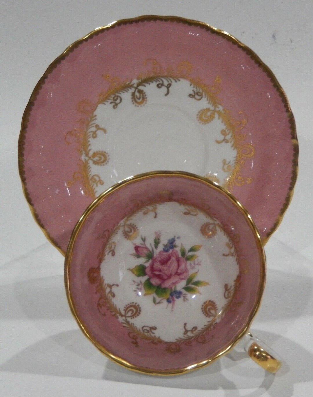 AYNSLEY PINK ROSE FLORAL BOUQUET CUP & SAUCER PINK Colorway OBAN Shape c1952
