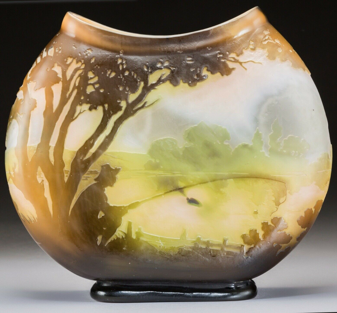 エミール・ガレ　花瓶　山岳風景と釣り人　アールヌーボー時代の作品
