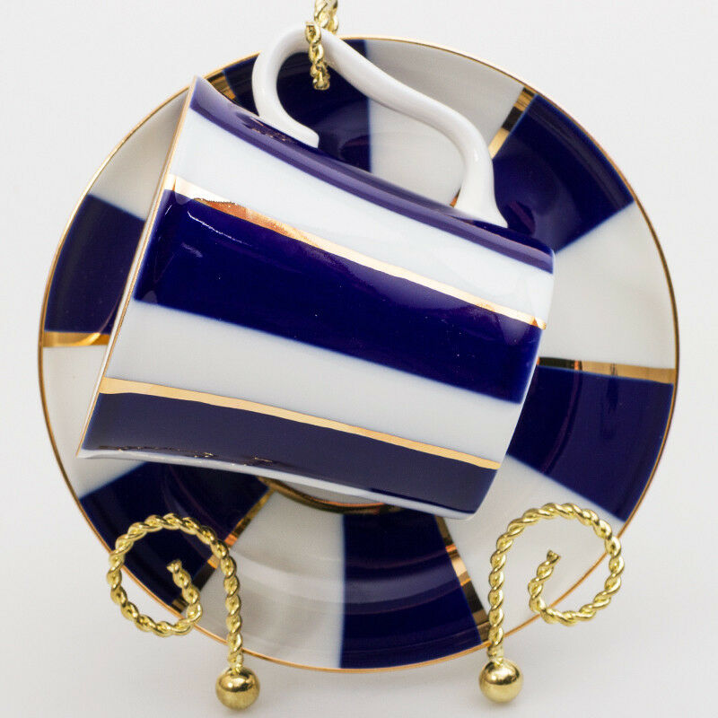 Cobalt Stripes Mug & Saucer Lomonosov Russian Imperial Porcelain Teacup 12 fl oz