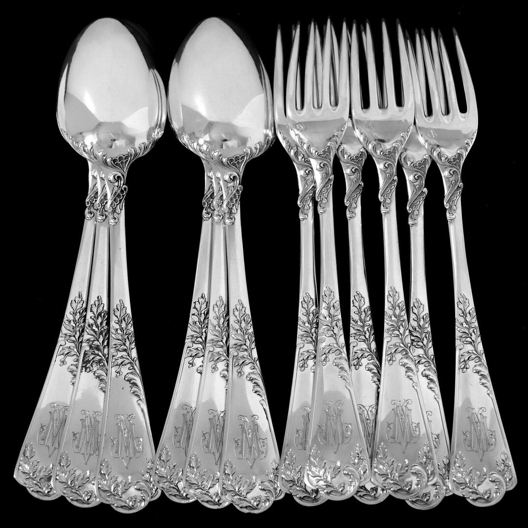 Puiforcat French Sterling Silver Dinner Flatware Set 12 Pc Foliage
