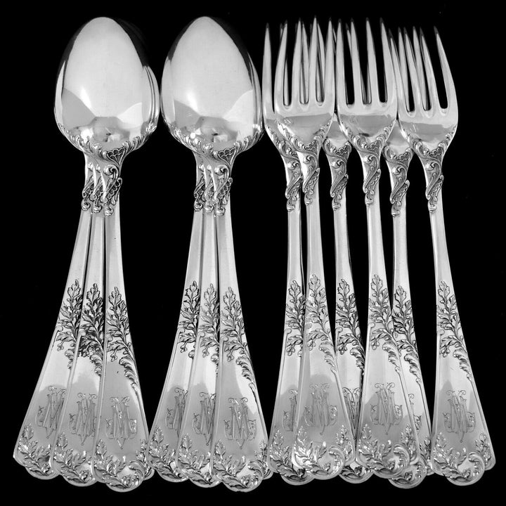 Puiforcat French Sterling Silver Dinner Flatware Set 12 Pc Foliage