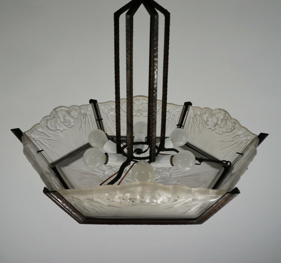 DAUM LORRAIN : FRENCH ART DECO CHANDELIER 1930 wrought iron lustre muller era
