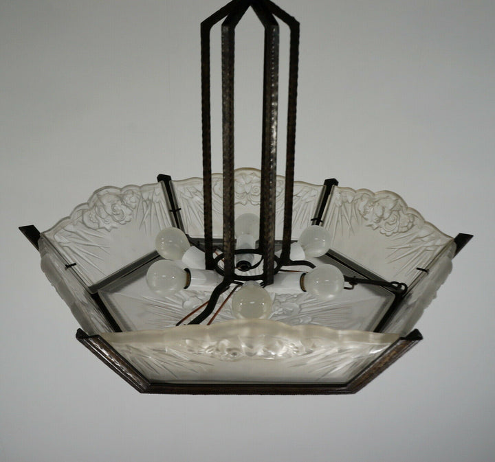 DAUM LORRAIN : FRENCH ART DECO CHANDELIER 1930 wrought iron lustre muller era