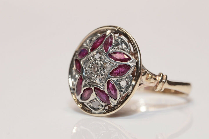 アンティーク 14K ヴィクトリアン ナチュラルローズカットダイヤモンドとルビーのリング