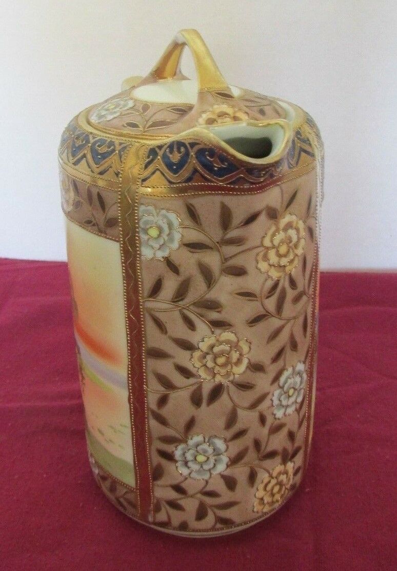 NIPPON GRN MRK GOLD ENAMELED FLOWERS DESIGN SWANS LAKE COTTAGE 8"T CHOCOLATE POT