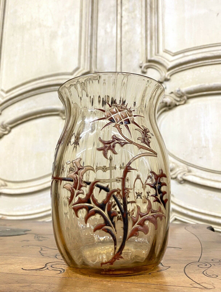 Emile Gallé - Vase Aux Chardons En Verre Strillé Et Émaillé, Art Nouveau