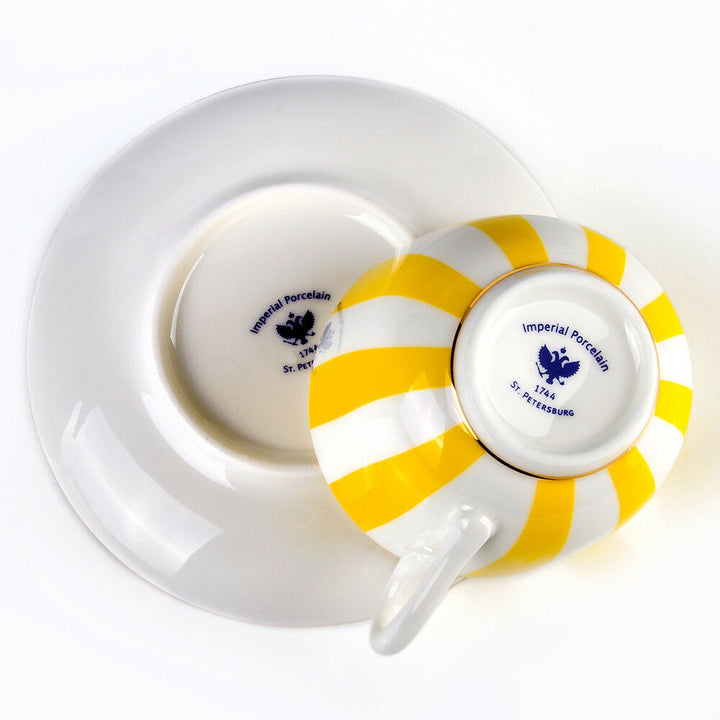 インペリアルポーセリン　ティーカップ＆ソーサー　ボーンチャイナ　ロモノーソフ　ストライプ　イエロー