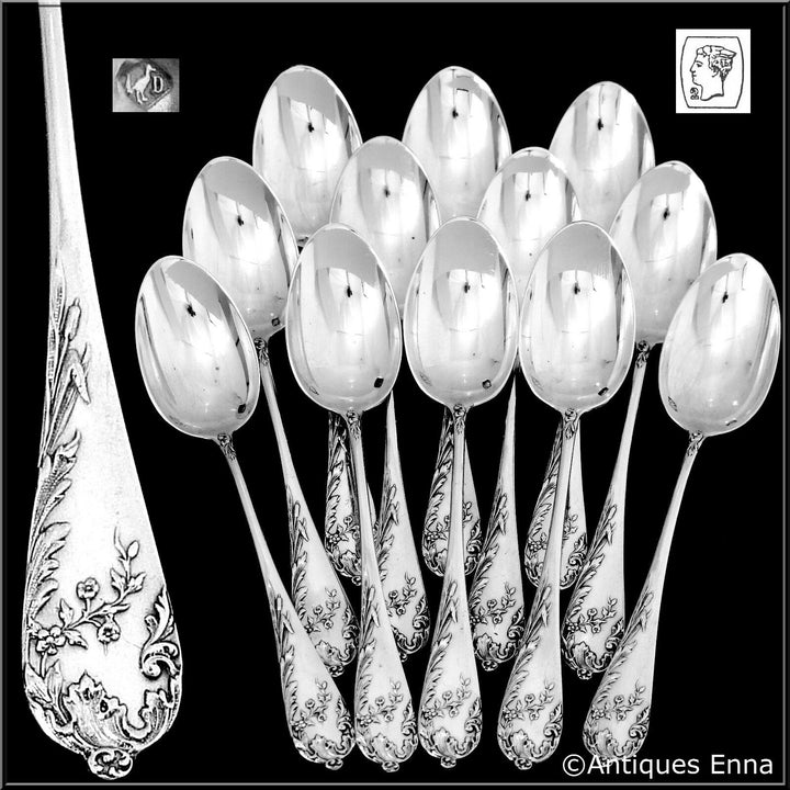 Debain French Sterling Silver Tea Coffee Spoons Set 12 pc, Art Nouveau