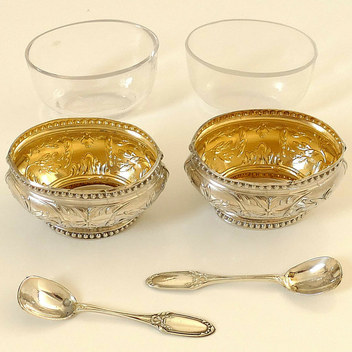 Bezon French Sterling Silver 18k Gold Salt Cellars Pair, Spoons, Original Box