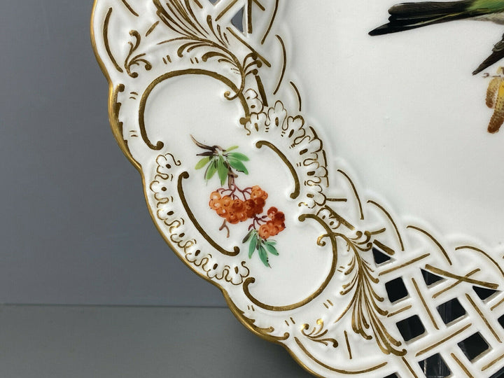 MEISSEN DURCHBRUCHTELLER TELLER VOGELMALEREI VOGEL AUF AST BLUMEN INSEKT D:21cm