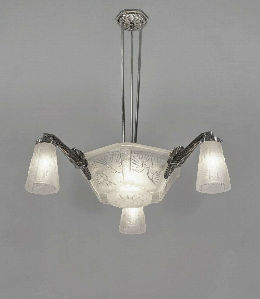 MULLER FRERES : FRENCH ART DECO CHANDELIER 1930 ... peacock bronze lustre paon