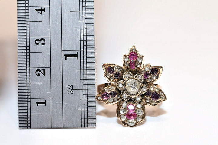 アンティーク ヴィクトリアン 14K ナチュラルローズカットダイヤモンド、ルビー、アメシストのリング