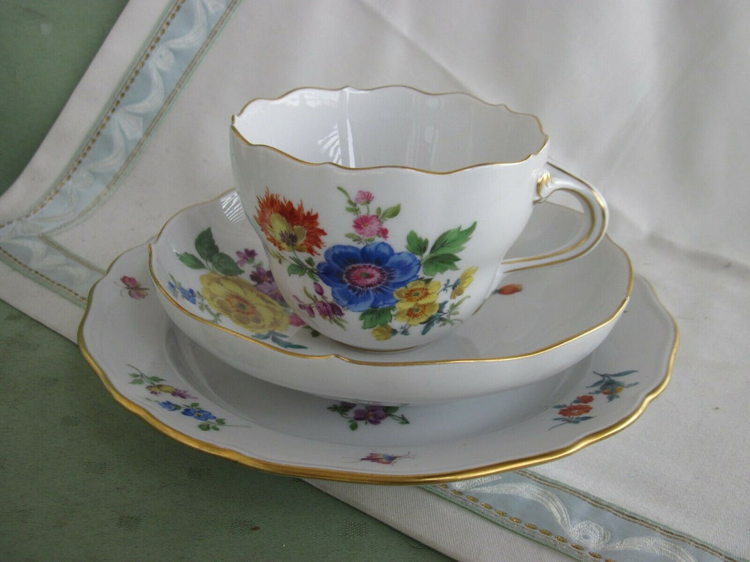 Schöne Meissen Kaffee-Sammeltasse mit vielen Blumen, Insekten-Malerei und Gold