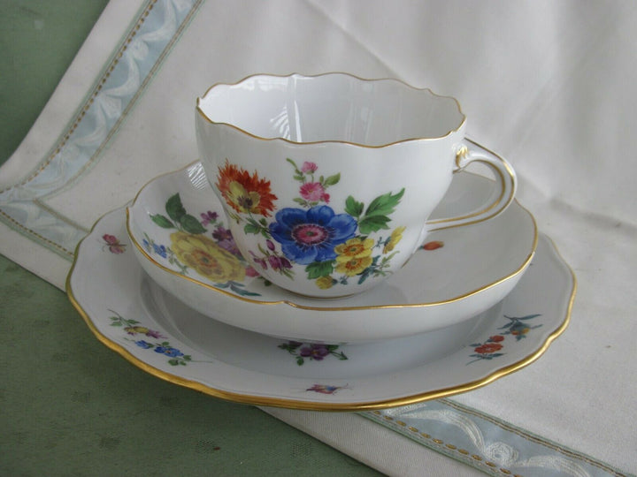 Schöne Meissen Kaffee-Sammeltasse mit vielen Blumen, Insekten-Malerei und Gold