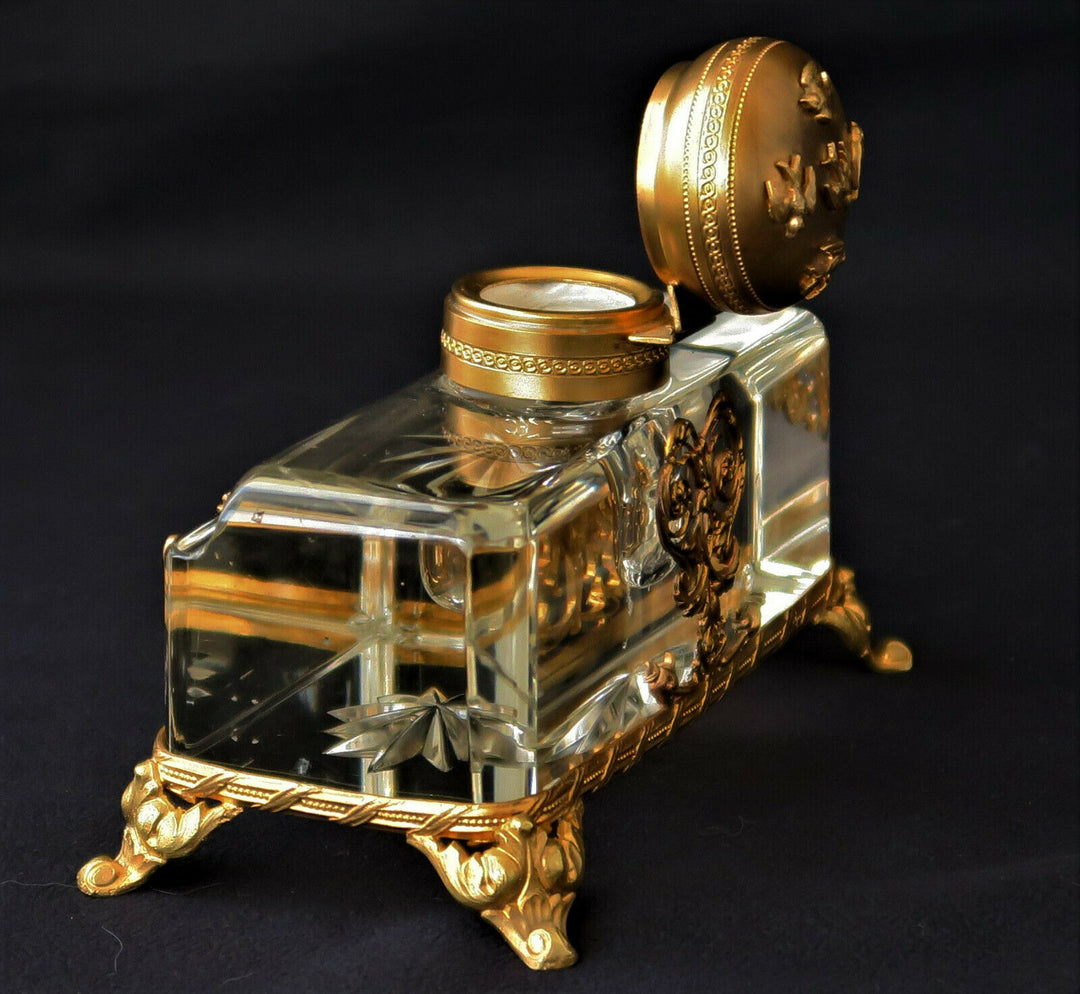 Encrier EMPIRE Bronze Doré Cristal Baccarat Hirondelles Vase Fleuri XIXème