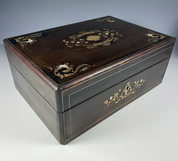 Antique French Boulle Rosewood Jewelry Box, Casket, Mother of Pearl Silver Inlay
