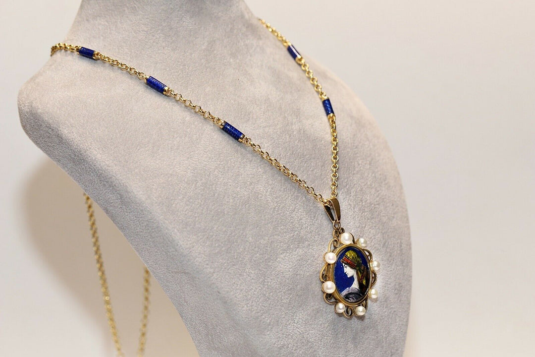ヴィンテージ 14K エナメル パール 女性像のネックレス