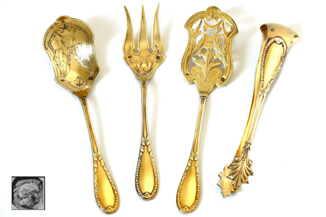 Lapparra French All Sterling Silver 18k Gold Dessert Hors d'Oeuvre 4 pc w/box