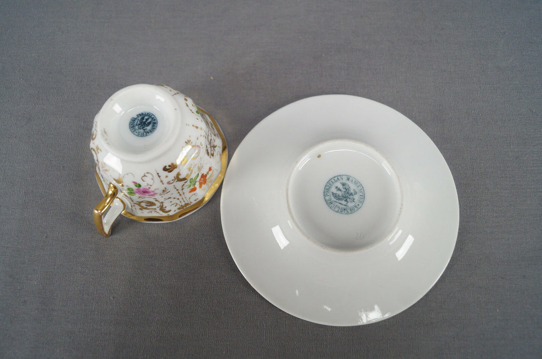 KPM Berlin Hand Painted Multicolor Floral & Gold Demitasse Cup & Saucer C. 1840s