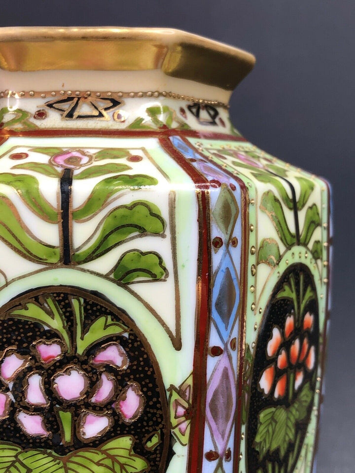 Early 9” NIPPON Noritake Porcelain Beaded Moriage Enamel Floral Art Vase Signed