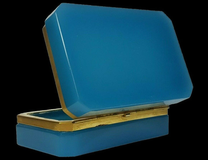 Blue Opaline Glass Jewelry Box / Trinket Box | Rectangular | Brass Frame | Italy