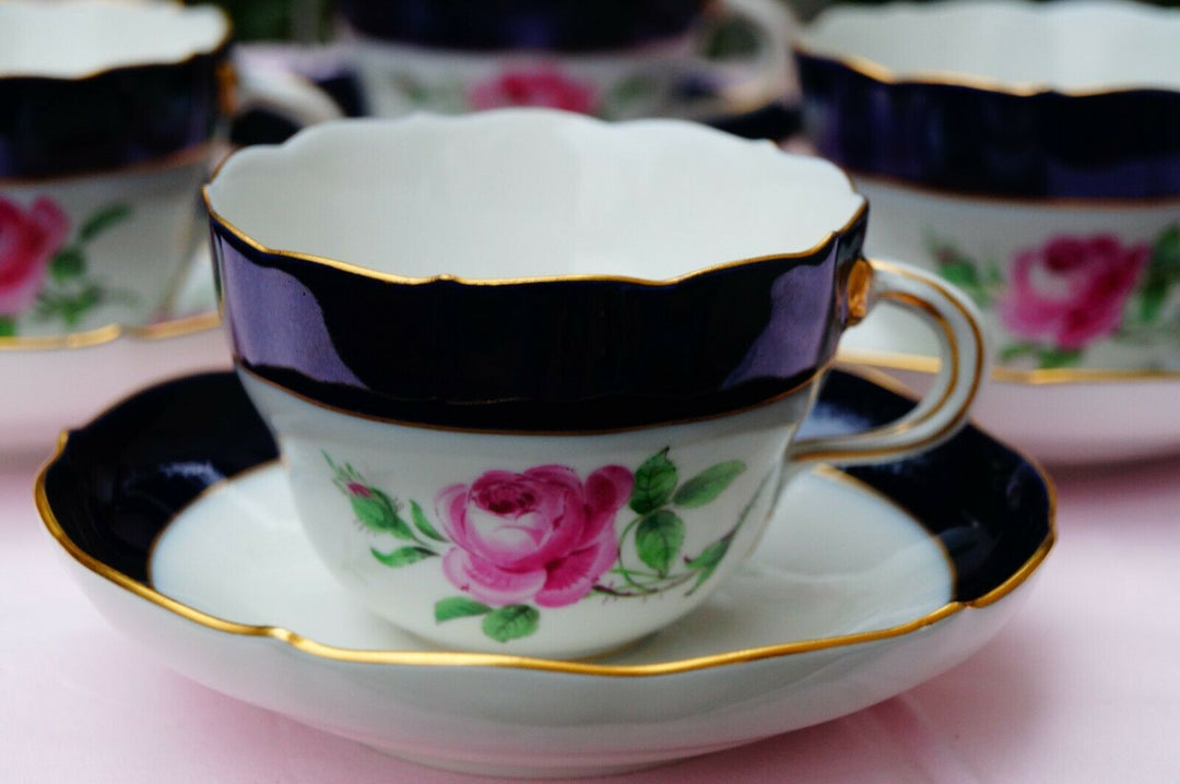 Meissen handpainted blue cobalt red rose tea set for 6 persons