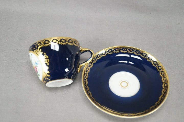 KPM Berlin Hand Painted Floral Cobalt & Gold Entwined Handle Tea Cup & Saucer C