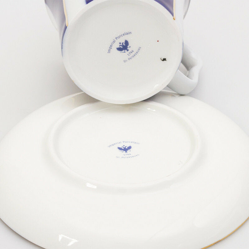 Cobalt Stripes Mug & Saucer Lomonosov Russian Imperial Porcelain Teacup 12 fl oz