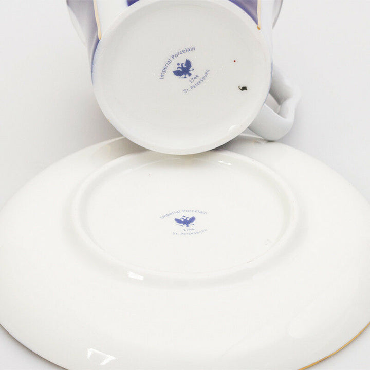Cobalt Stripes Mug & Saucer Lomonosov Russian Imperial Porcelain Teacup 12 fl oz