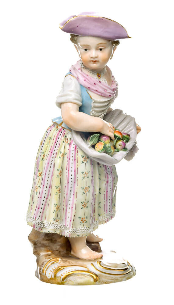 マイセン人形　リンゴ籠を持つ庭師の少女　J・J・ケンドラー作　一級品 12号 1850-1924年