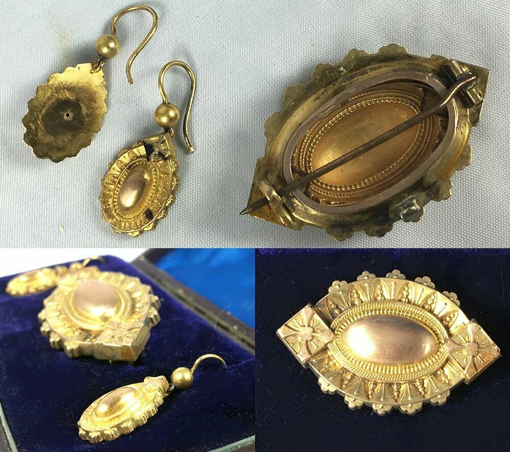 Antique Victorian 14k - 16k Gold Mourning Locket Brooch, Earrings Parure in Box
