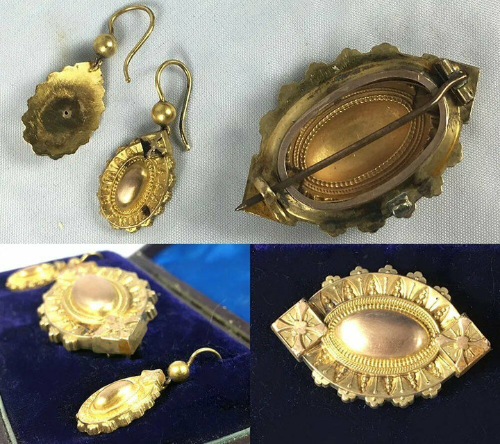 Antique Victorian 14k - 16k Gold Mourning Locket Brooch, Earrings Parure in Box