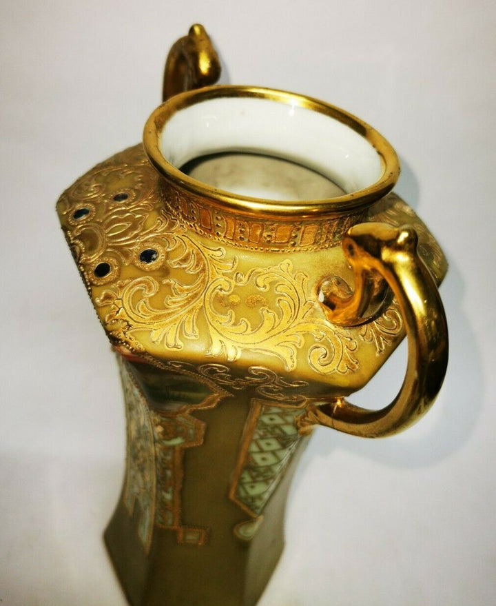 Antique Noritake Two Handled Pedestal Vase Gilted & Jewelled c1906 Art Nouveau