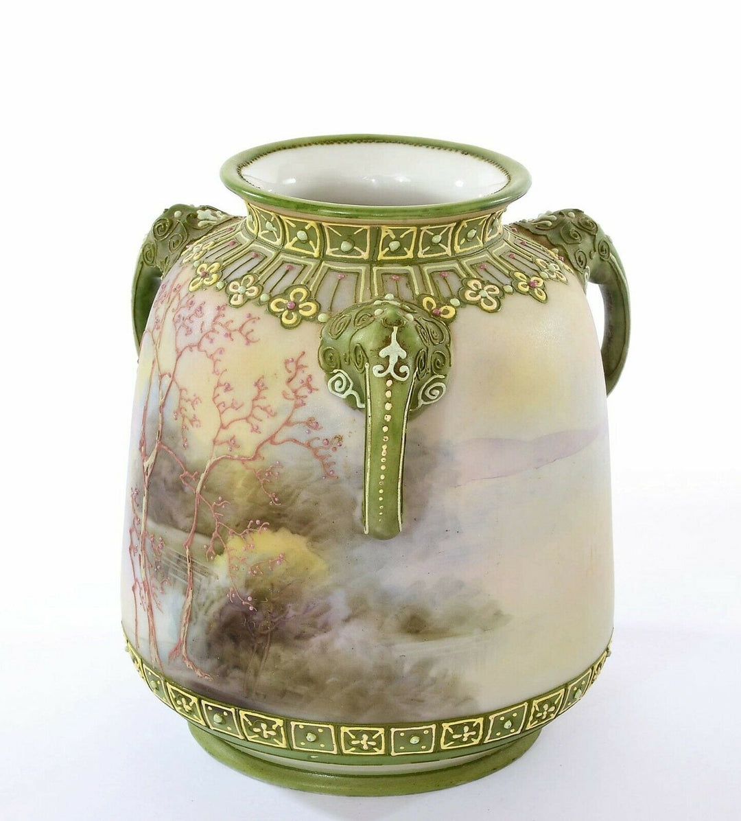 Japanese Hand Painted Moriage Nippon Porcelain Elephant Handle Scenic Vase Mk